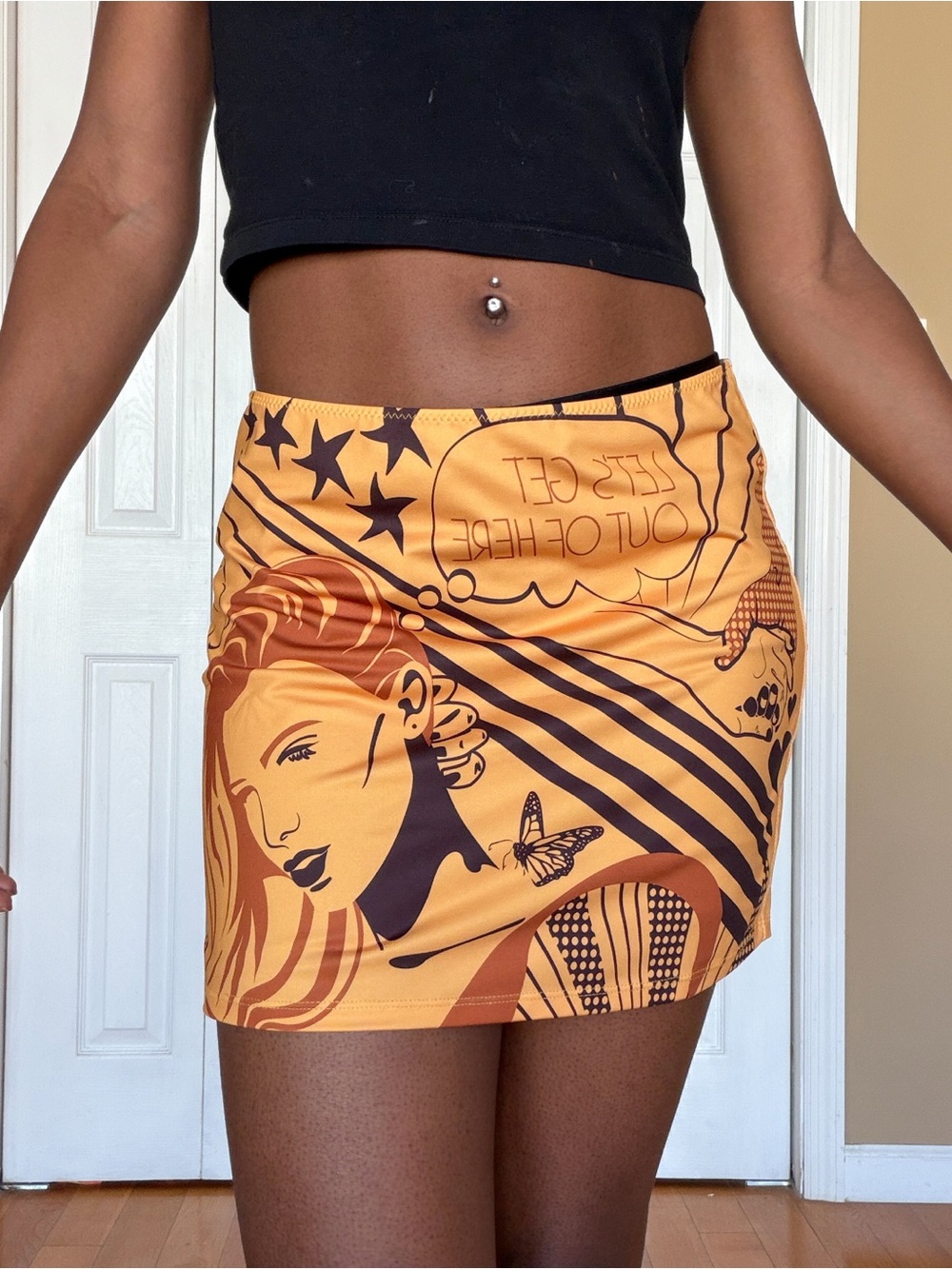 House of Sunny Orange and Black Graphic Pop-Art Mini Skirt